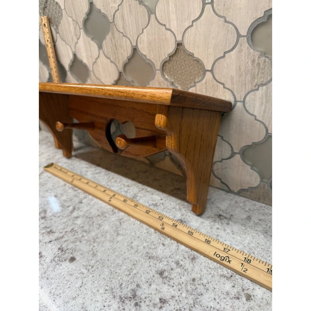 Vintage Oak Wood Wall Shelf Heart Cutout Floating Display Pegs Country Decor